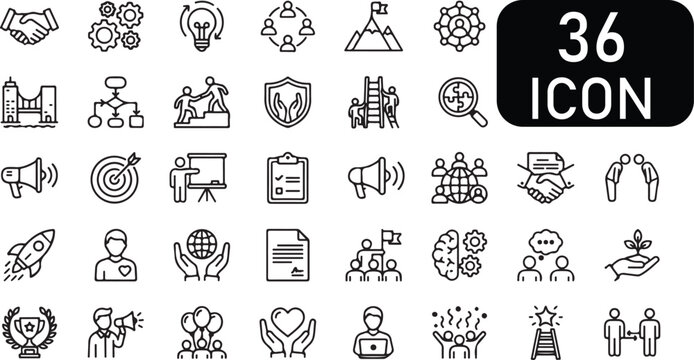 A set of 36 black line icons depicting business and communication concepts in a minimalist style