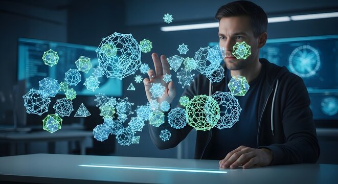 Developer Interacting with Floating Holographic AI Agent Swarm Formed from Rotating Geometric Shapes in Synchronized Patterns – Intelligent Automation Vertical Image - Powered by Adobe