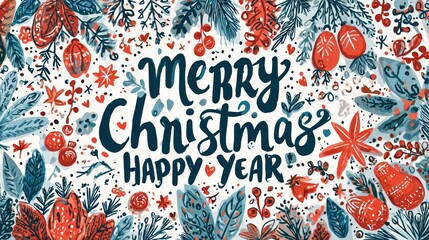 Merry Christmas and Happy New Year greeting card with doodle elements and patterns