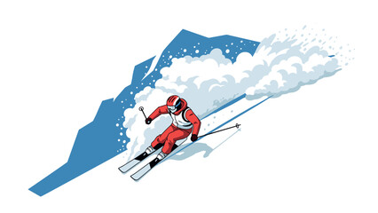 Dynamic skiing action on a snowy mountain slope in modern flat design