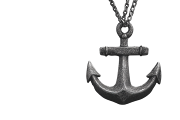 Distressed metallic anchor pendant and chain nautical hope strength on transparent background