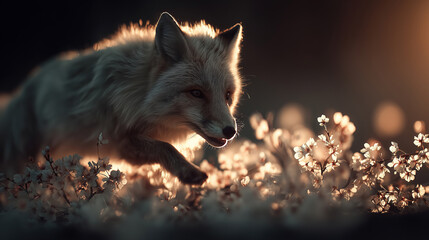 Fox moving gracefully through a field of blooming flowers in a magical spring setting at dawn