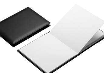 hyper-realistic medium close-up of two premium, deeply textured matte black vegan leather folders with transparent blank inner pages on a neutral gray background. concept for luxury corporate