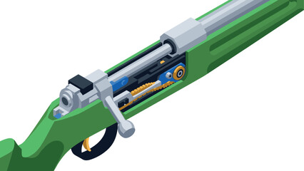 Detailed isometric diagram of rifle bolt action mechanism in green