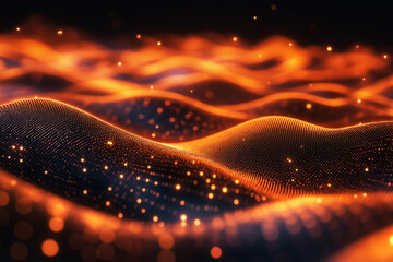 Vibrant orange-lit dots curve and flow in wave-like patterns on a dark backdrop, forming dynamic lines of luminous data streams ideal for tech, energy, or futuristic visuals