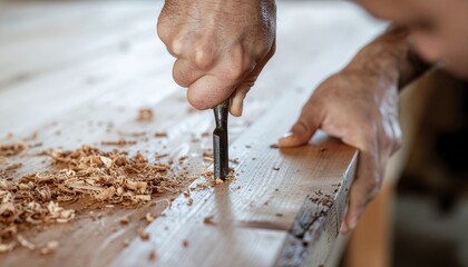 Close-up of a skilled artisan's hands meticulously chiseling a piece of natural wood, creating fine shavings as they work on a handcrafted project