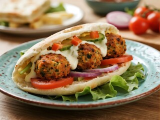Arabic Cuisine Dishes. Falafel Deep-fried crushed chickpeas, served in a pita sandwich with vegetables and tahini sauce