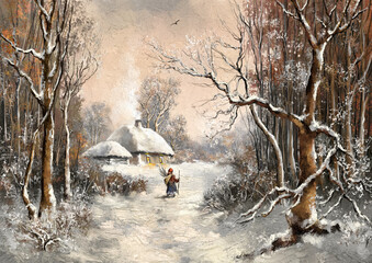 Winter Morning on the Snow-Covered Path to the Village. Oil paintings rural winter landscape, fine art.