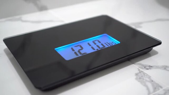 Digital scale showing 1280 lbs on a blue screen resting on a white veined surface