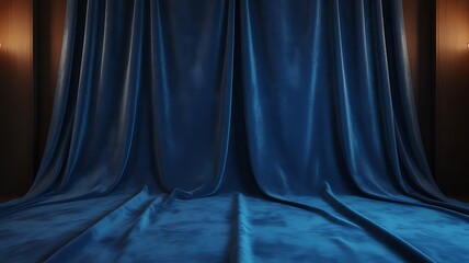 Luxurious deep blue velvet stage curtains draped dramatically across a dark wooden theater backdrop with warm side lighting