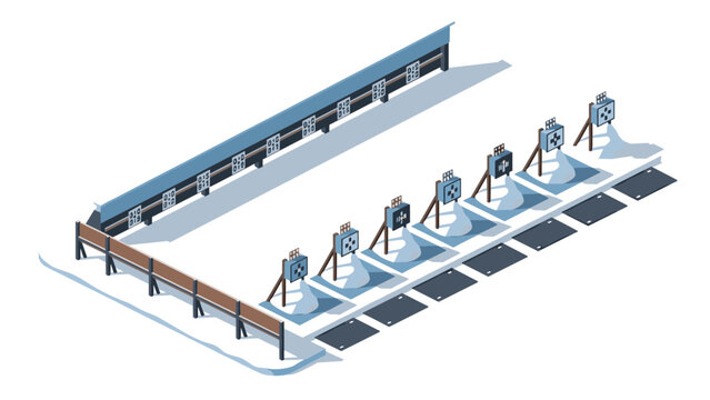 Isometric shooting range with targets on stands and protective walls
