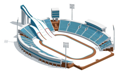 Modern winter sports arena with ski jump and ice rink in isometric style