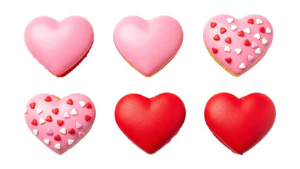 Six colorful hearts with various designs isolated on transparent background