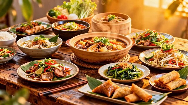 Assorted Asian dishes on wooden table