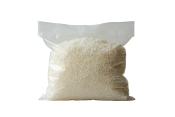 Clear plastic bag of white granular ingredient Cooking baking dry goods on transparent background