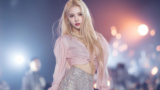 Asian K-pop idol young blonde hair woman on stage singing and dancing on a dark concert bokeh background. Korean culture. Music fan club. Pop Artist Girl Performing Live, Illuminated Spotlight