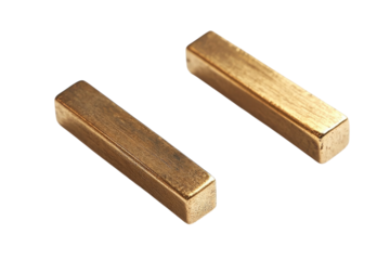 Two golden brass industrial machinery parts engineering raw material on transparent background