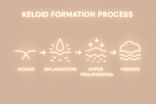 Informative medical diagram of keloid formation process. dermatology illustration shows skin progression from wound, through inflammation, hyper proliferation, to fibrosis