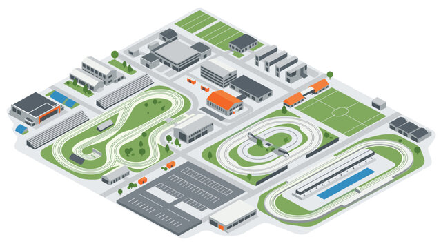 Busy urban sports complex with racing tracks and soccer field in isometric style