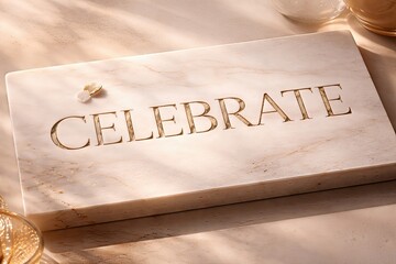 Marble podium showcasing the word celebrate illuminated by soft natural light expressing elegance and sophistication captured with clarity
