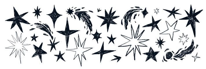 Doodle set of shooting stars and meteorites. Black and white chalk scribbles of sparks in the scape. Kids' sketches of cosmos in grunge style. Hand drawn vector illustrations on white background. © Paper Trident