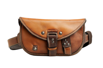 Durable distressed brown leather fanny pack belt bag vintage handcrafted on transparent background