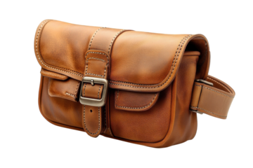 Classic vintage brown leather shoulder bag handcrafted design antique on transparent background