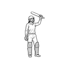 Female cricket player raising bat celebration pose sportswoman wearing helmet pads and gloves professional athlete line art illustration isolated on white background