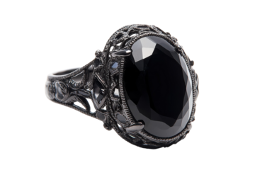 Stunning vintage black onyx ring ornate silver setting elegant gothic on transparent background