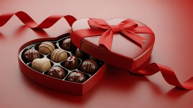 Heart-shaped box of assorted chocolates with a red ribbon for Valentine's Day