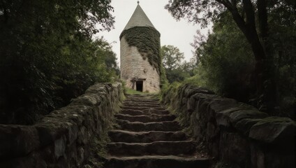 Mysterious Tower Ascent - Stone Steps to an Ancient Structure.