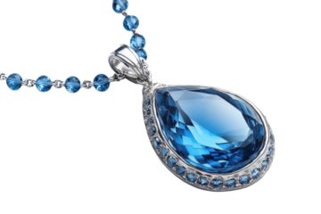 Blue gemstone teardrop pendant sparkling silver chain fine jewelry gift on transparent background