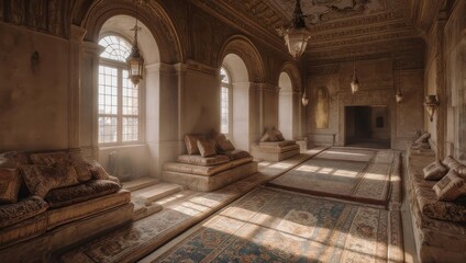 Sunlit Interior of a Traditional Middle Eastern Mosque.