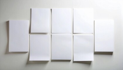 Eight blank white rectangles arranged in two rows on a light gray surface, simulating a grid for creative projects or note-taking with ample copy space for your text and designs