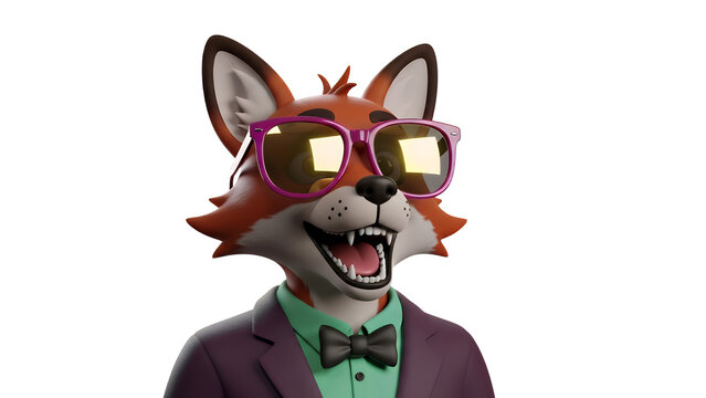 A cartoon fox wearing sunglasses and a suit, isolated on transparent background, looking directly at the viewer with a cheerful expression