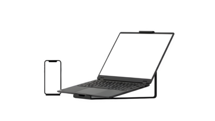 A grayscale image of an open laptop computer next to a battery
