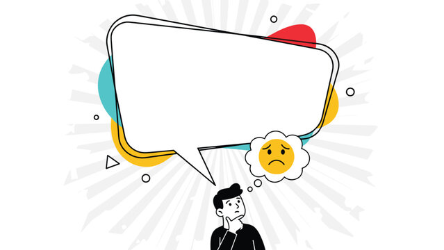 A pensive man thinking, with a large blank speech bubble for text and a smaller thought bubble containing a sad face, illustrating negative thoughts.