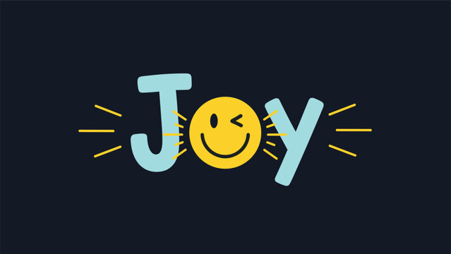 The word 'Joy' with a winking smiley face replacing the letter 'O,' a cheerful and positive graphic design on a dark blue background.