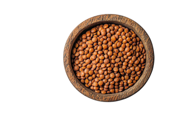 Delicious brown lentils rustic wooden bowl Healthy plant based protein on transparent background
