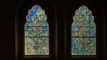 Two Stained Glass Windows with Floral and Abstract Designs.