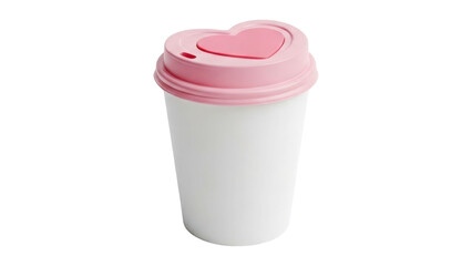 White travel coffee mug with pink heart shaped lid isolated on transparent background