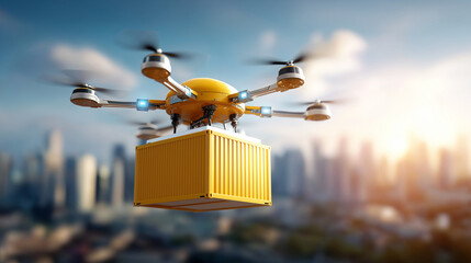 Drone flying over city with large container on back, cargo delivery, aerial transport, urban logistics, UAV freight service , with copy space