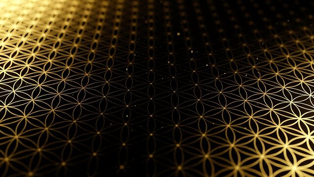 Golden geometric pattern with flower of life design on black background, glowing with warm light, abstract and futuristic - Powered by Adobe