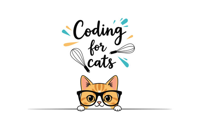 A cute peeking cat wearing glasses with the text 'Coding for cats,' a funny and charming logo or t-shirt design for programmers who love pets.