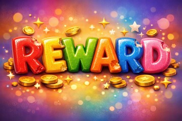 Brightly colored reward text with gold coins glimmering around in a magical setting that evokes excitement joy and anticipation for achievements and success