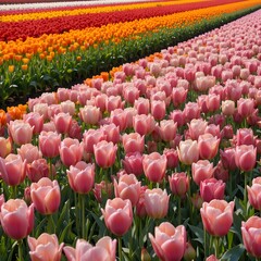 &ldquo;Vibrant Colorful Tulip Field in Full Bloom Under Blue Sky, Endless Rows of Pink Yellow and Orange Tulips in Spring Landscape, Beautiful Flower Farm Countryside Nature Background&rdquo;