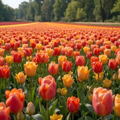 &ldquo;Vibrant Colorful Tulip Field in Full Bloom Under Blue Sky, Endless Rows of Pink Yellow and Orange Tulips in Spring Landscape, Beautiful Flower Farm Countryside Nature Background&rdquo;