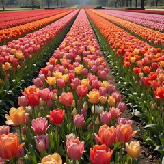&ldquo;Vibrant Colorful Tulip Field in Full Bloom Under Blue Sky, Endless Rows of Pink Yellow and Orange Tulips in Spring Landscape, Beautiful Flower Farm Countryside Nature Background&rdquo;