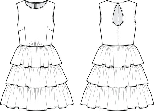 Women sleeveless layered ruffle dress technical fashion flat sketch, front and back view apparel illustration