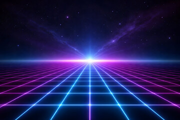 Neon Grid Horizon: A radiant perspective, with lines, forming an infinite grid, stretching towards a celestial beacon of light, is framed by a luminous night sky.